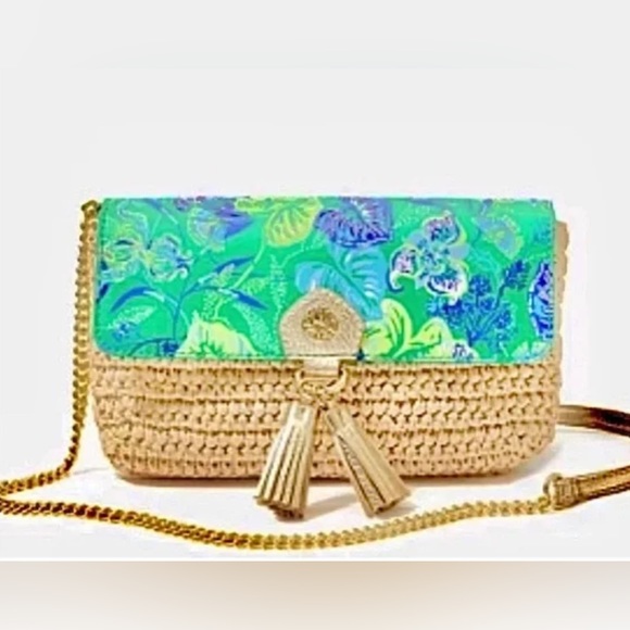 NWT LILLY PULITZER BOTANICAL GREEN IN A FLUTTER STRAW CROSSBODY - Picture 1 of 8